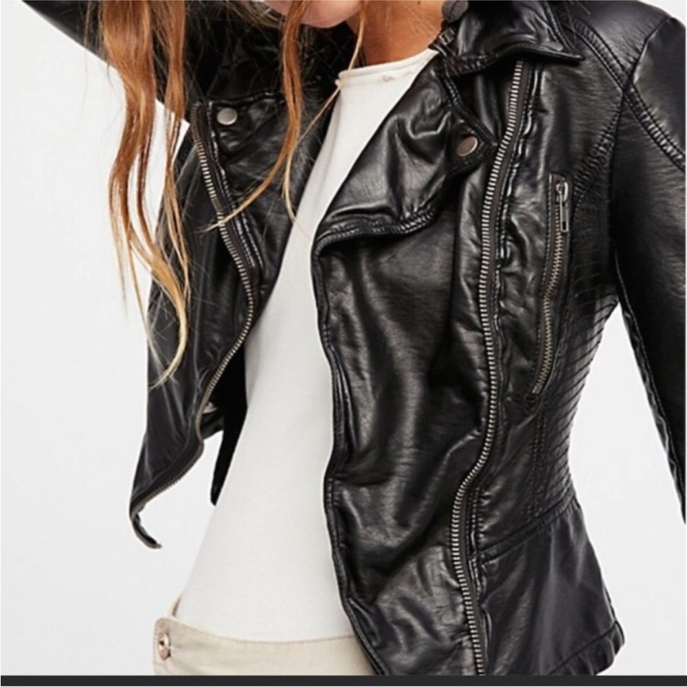 Black Leather Motorcycle Jacket with Wide Lapel